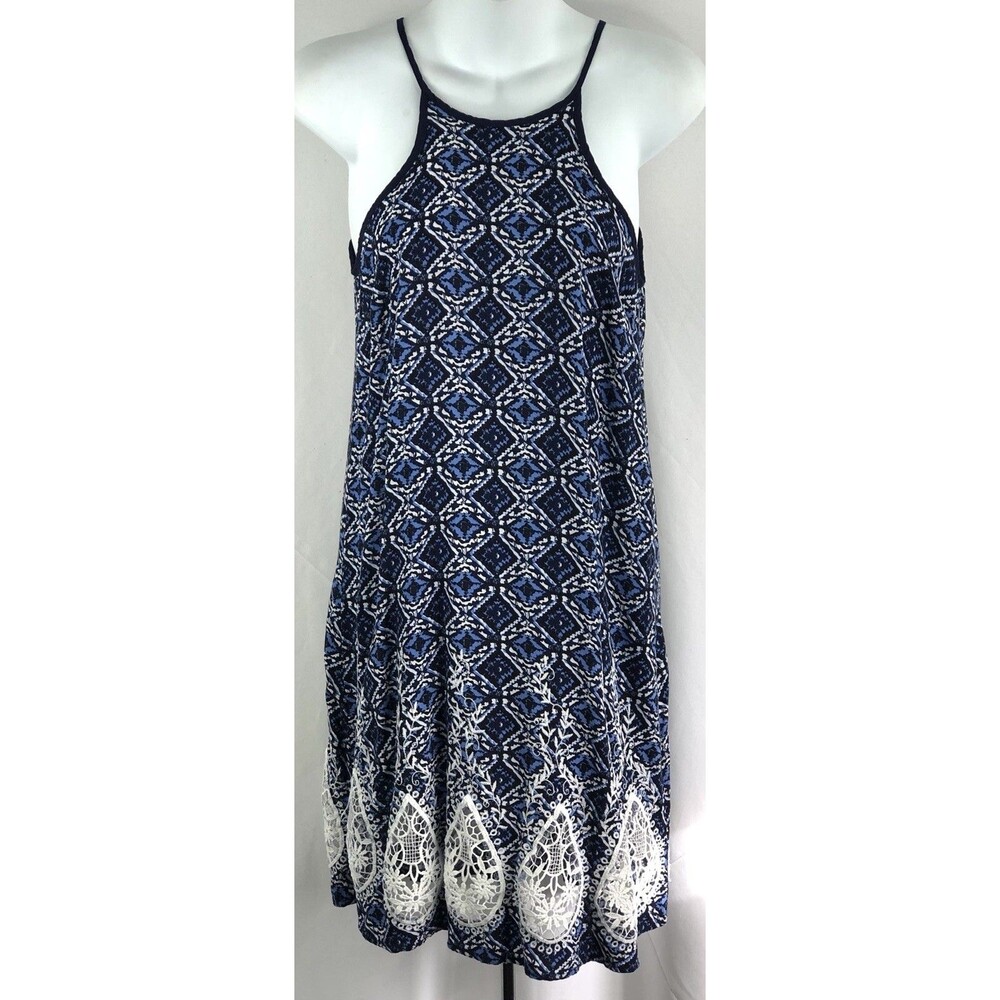 Vintage Sleeveless Halter Slip Dress S Blue Strappy Crochet Lace Boho Hippie
